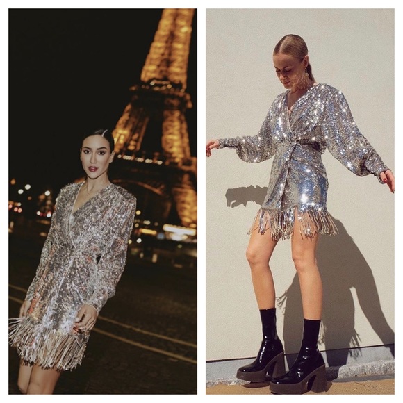 ROTATE Samantha Glam Sequins Fringe Wrap Dress - Picture 2 of 16